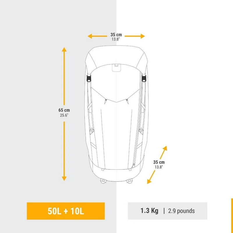 Mochila trekking y montaña 50+10L ultraligera FORCLAZ MT9008W